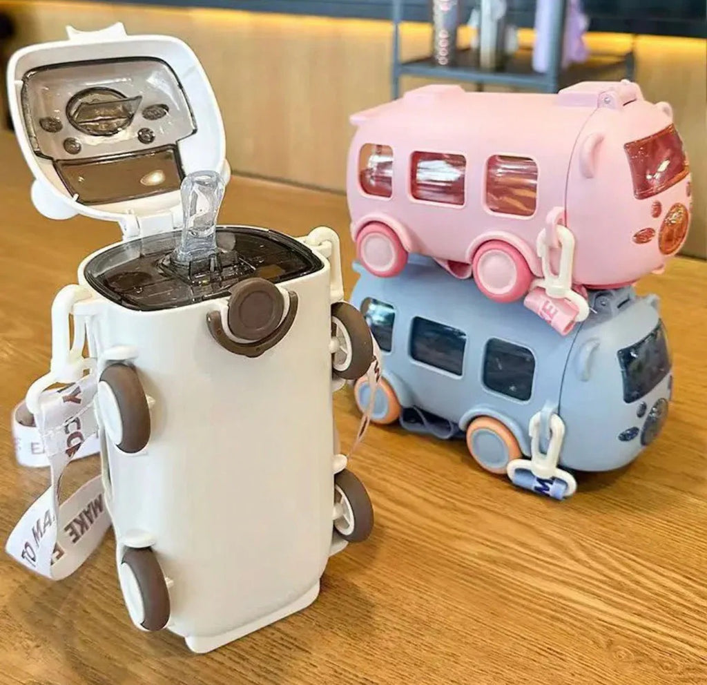 Bus Water Bottle | Kids Cute Bus Shape | Strap, Sipper & Straw