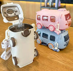 Bus Water Bottle | Kids Cute Bus Shape | Strap, Sipper & Straw