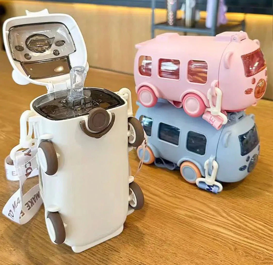 Bus Water Bottle | Kids Cute Bus Shape | Strap, Sipper & Straw
