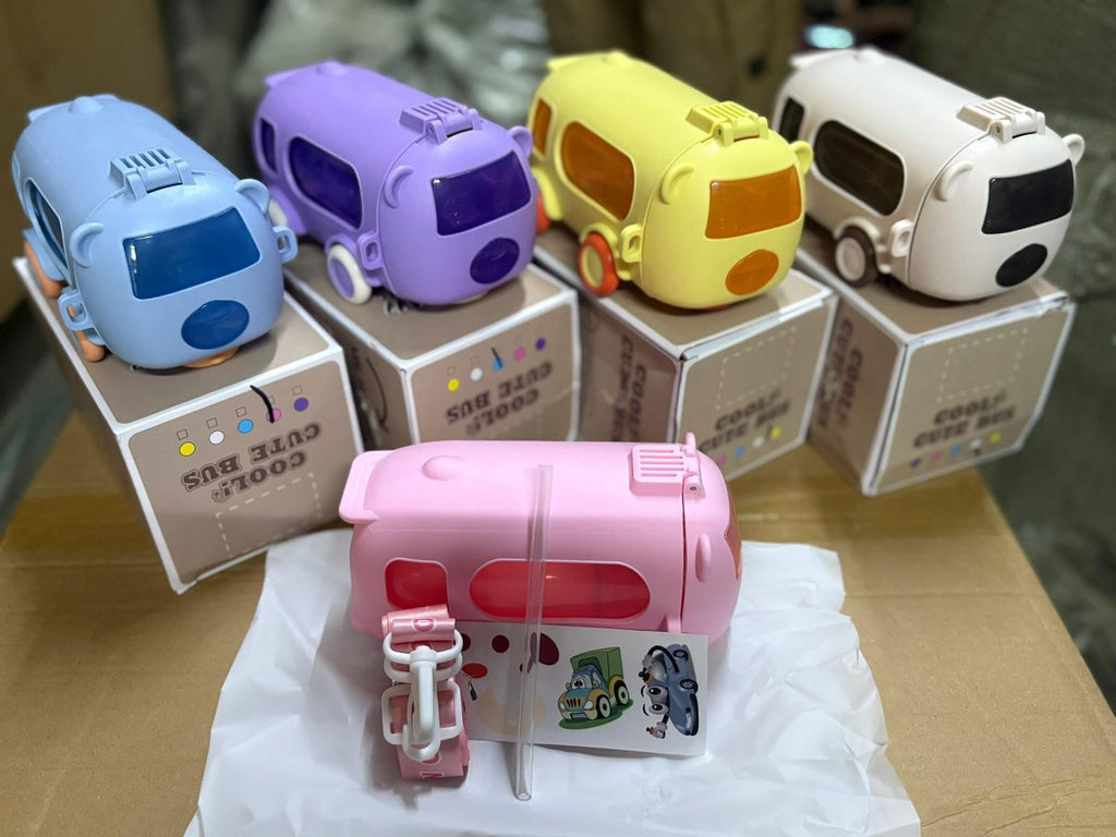 Bus Water Bottle | Kids Cute Bus Shape | Strap, Sipper & Straw