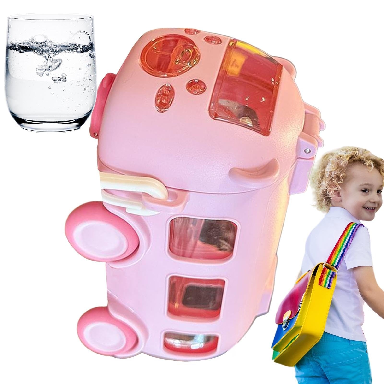 Bus Water Bottle | Kids Cute Bus Shape | Strap, Sipper & Straw