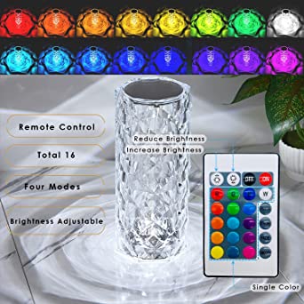 Crystal Diamond Rose Lamp – 16 Color Changing LED Table Lamp with Remote & Touch Control