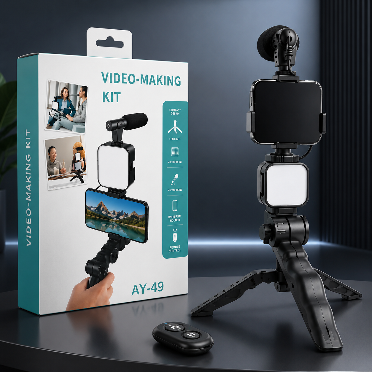AY-49 Vlogging Kit | Portable Video Recording Setup with LED Light, Shotgun Mic & Flexible Tripod