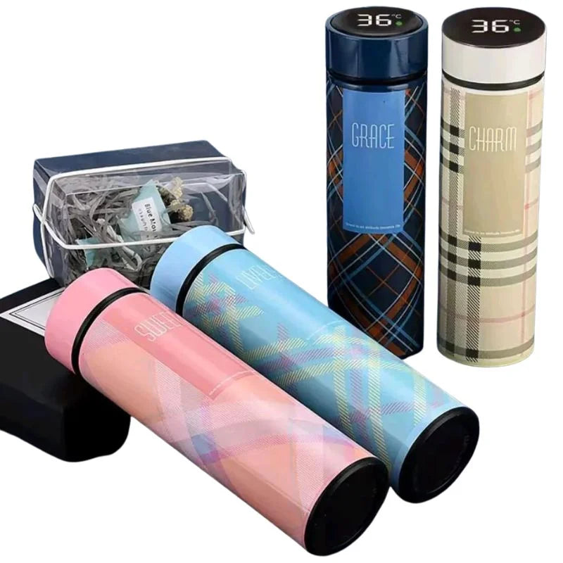 LED Temperature Display Water Bottle | Checkered Design 500 ML